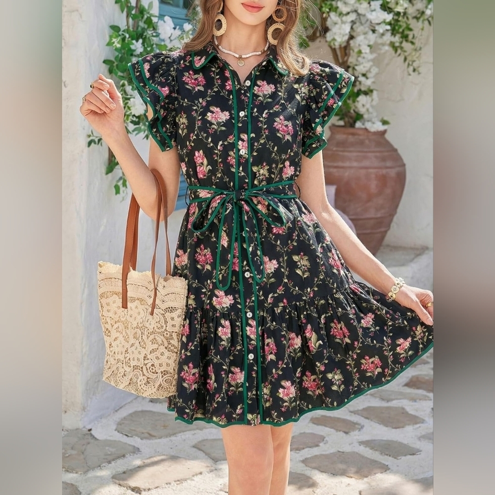 Black Floral Ruffle Sleeve Mini Dress | Belted Button Front | Size L - Picture 2 of 4